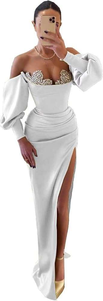 Sweetheart Mermaid Prom Dresses Long Sequin Beaded Satin Pleated Tight Split Formal Dresses Eveni... | Amazon (US)