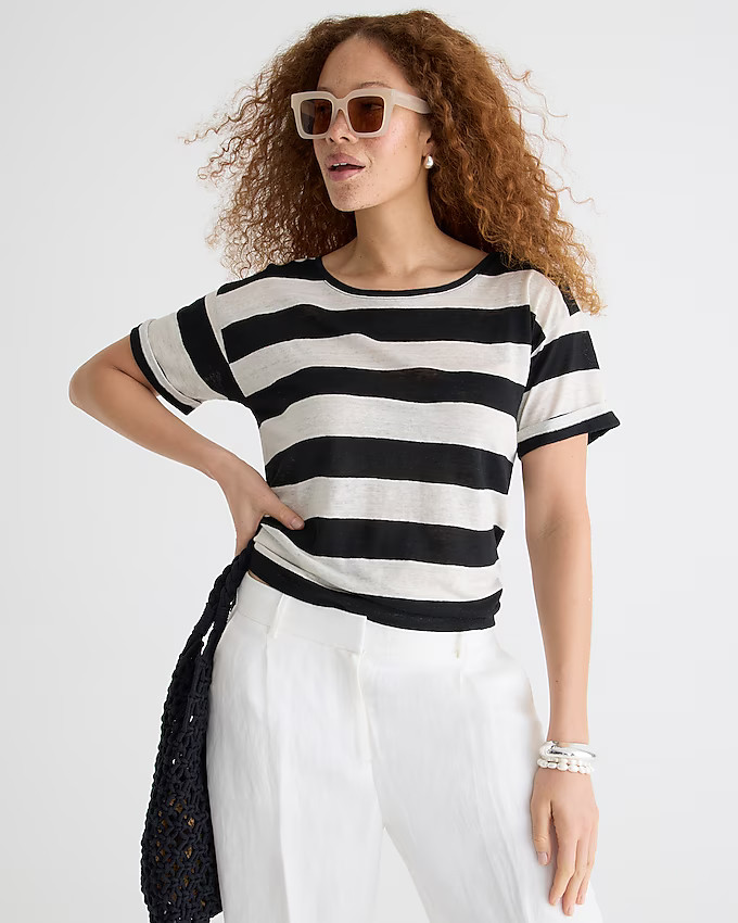 Linen roll-cuff crewneck T-shirt in stripe | J. Crew US