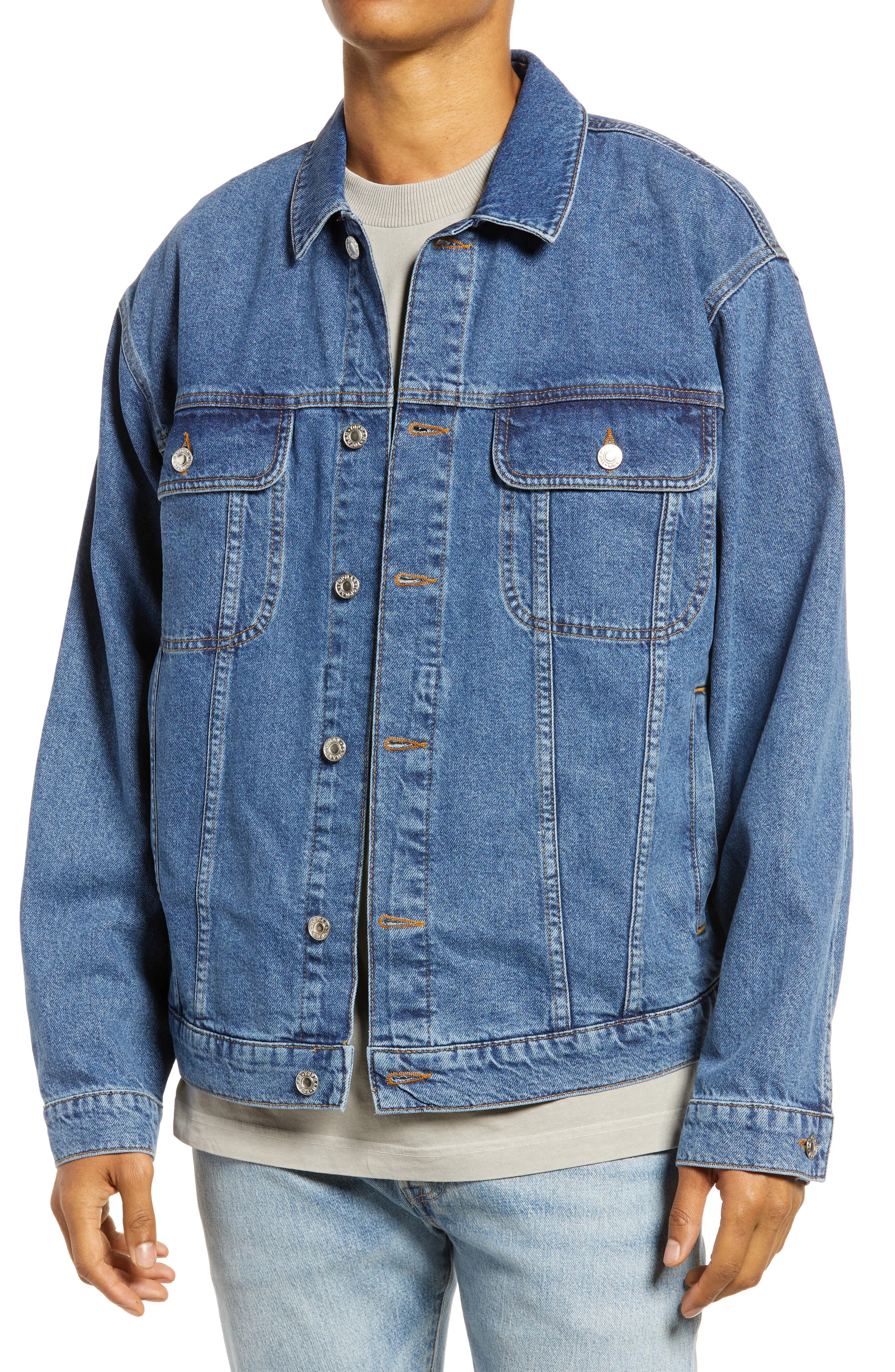 Topman Oversize Fit Denim Jacket in Mid Blue at Nordstrom, Size Medium | Nordstrom