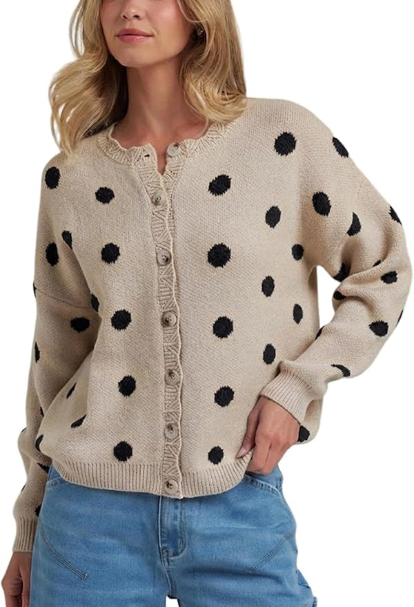 UATKIMI Women Polka Dot Cardigan Sweater Long Sleeve Button Knit Top | Crew Neck, Drop Shoulder, ... | Amazon (US)