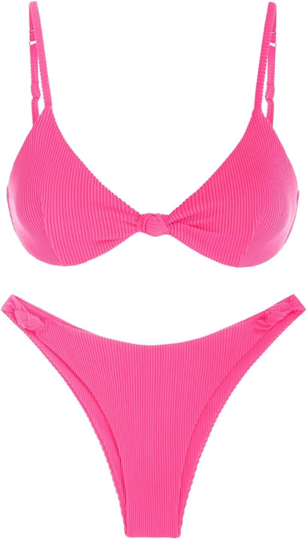 ZAFUL Bikini Set for Women Solid V Neck Knot Front Push Up High Leg Thong Two Piece Swimsuit | Amazon (US)