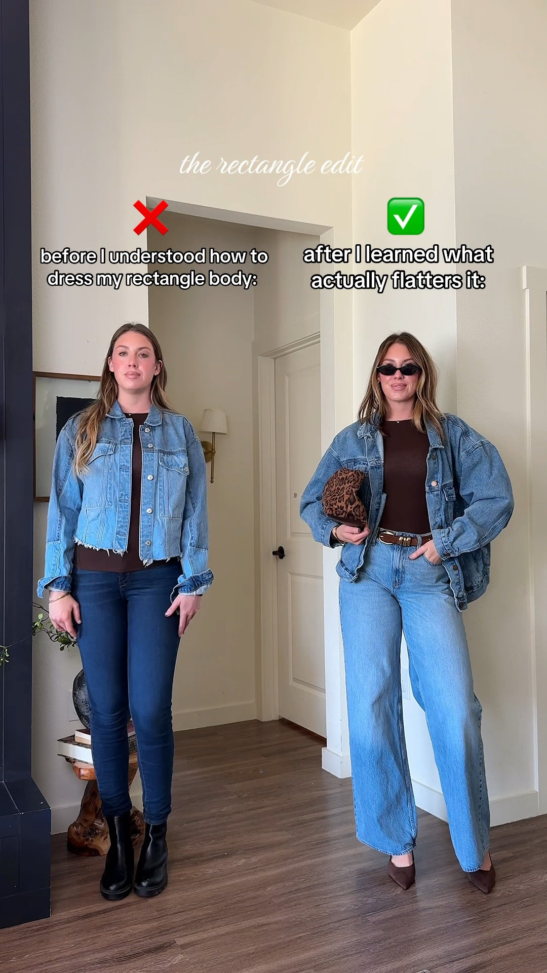 Rectangle body? Skip the tight-on-tight. Pieces that create shape + balance can completely change an outfit.

And these wide-leg jeans are SO good for that. The relaxed fit creates balance without overwhelming your frame, and they make the whole outfit look instantly more elevated. 🤎

I’m 510 wearing a 27 extra long in jeans medium in jacket and small in top