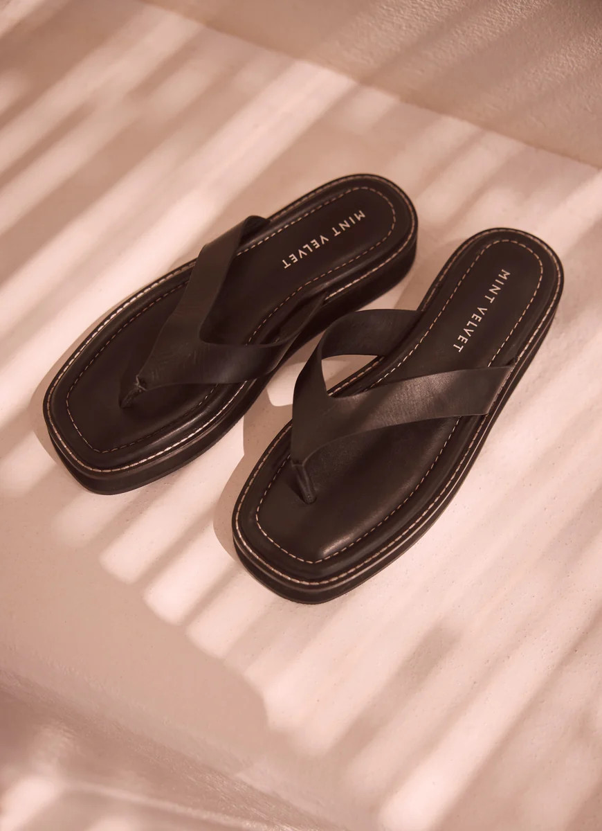 Black Leather Flip Flop Sandals | Mint Velvet