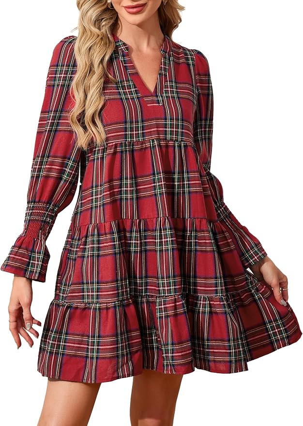 Ladyful Women's Long Sleeve Plaid Mini Dress Vintage V Neck Tiered Checkered Babydoll Ruffle Flow... | Amazon (US)