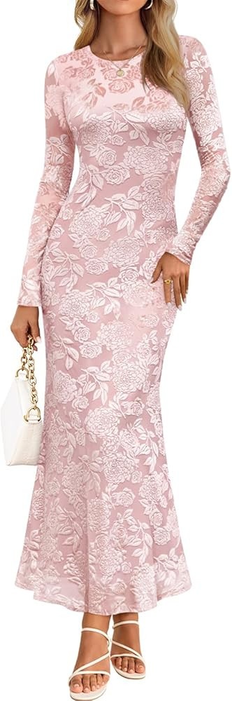 MEROKEETY Women's 2026 Spring Wedding Guest Maxi Dress Long Sleeve Bodycon Floral Mesh Fall Cockt... | Amazon (US)