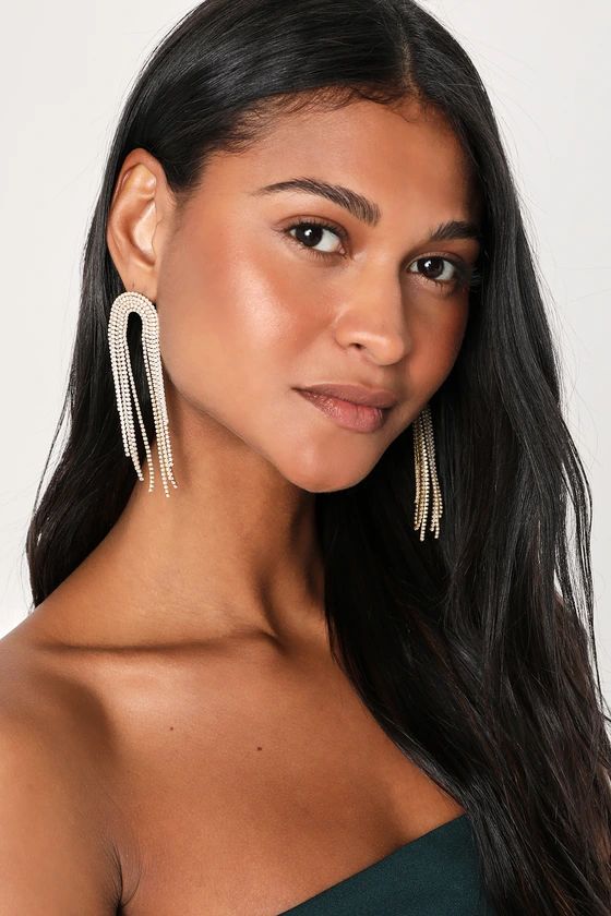 Glamorous Inspiration 14KT Gold Rhinestone Pearl Fringe Earrings | Lulus (US)