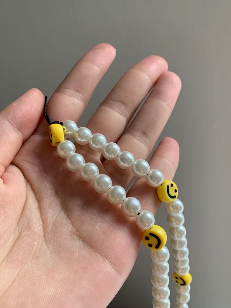 White Pearl Smiley Face Beaded Phone Charm Straps, Smiley Face Phone Charm, Kawaii Phone Charm La... | Etsy (US)