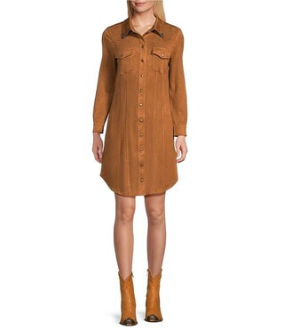 Mesa Faux Suede Point Collar Long Sleeve Shirttail Hem Shirt Dress | Dillard's