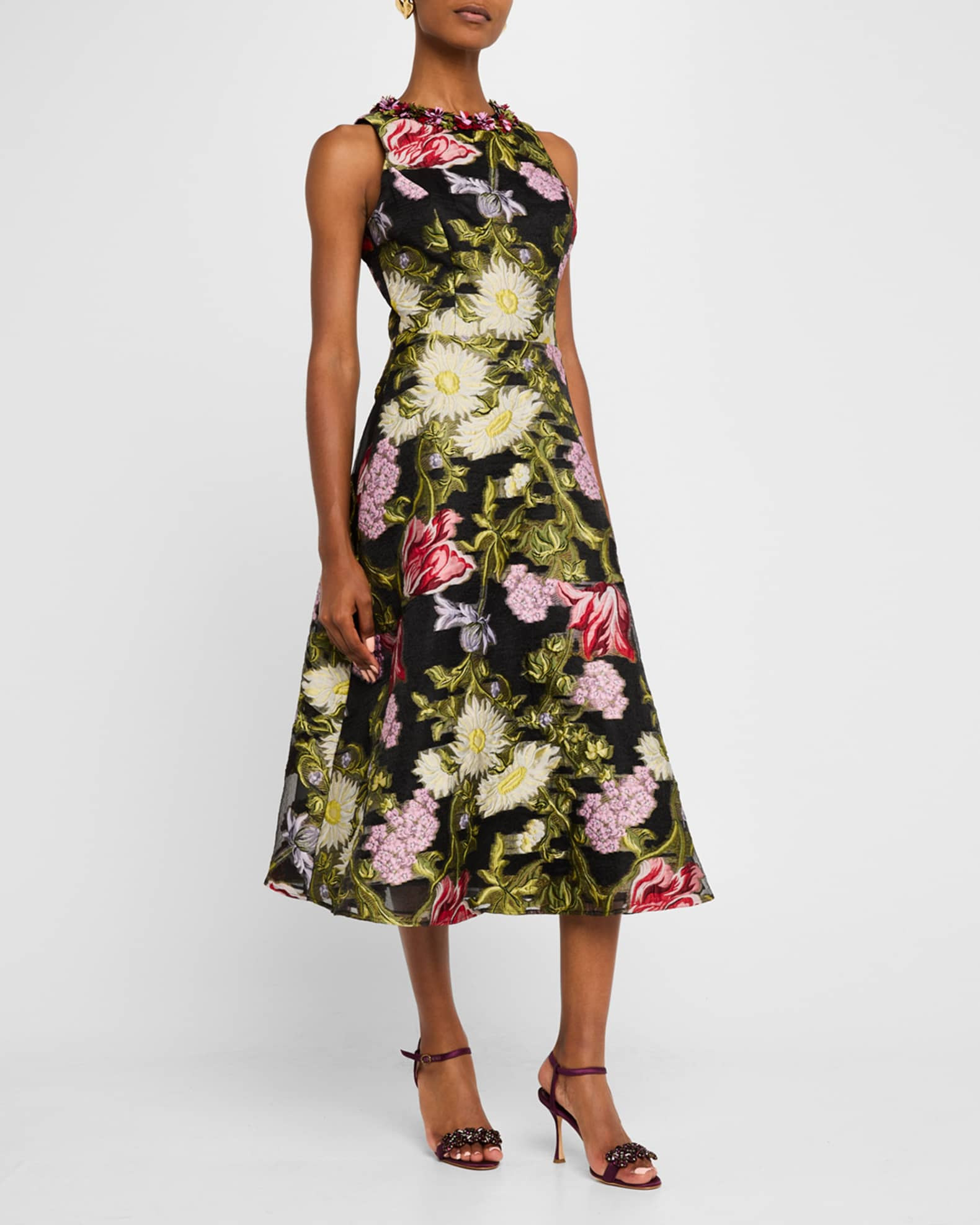 Beaded Floral Jacquard Midi Dress | Neiman Marcus