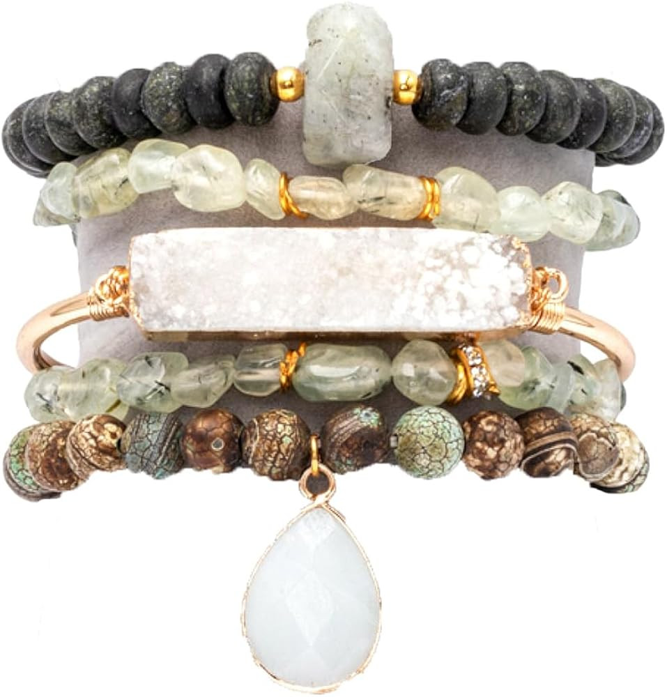 5PCS Natural Boho Beaded Bracelets Bangle for Women Men,Healing Turquoise Jasper Agate Crystal Ge... | Amazon (US)