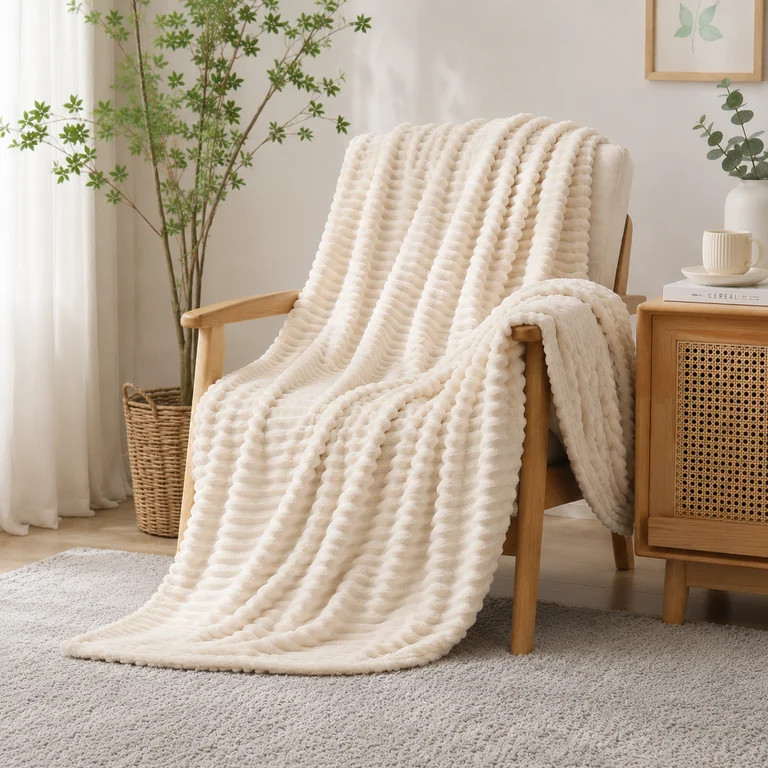 Throw Blanket for Couch,Sofa,Bed, 230GSM Super Soft Striped Beige Bed Blanket for Office Picnic T... | Walmart (US)