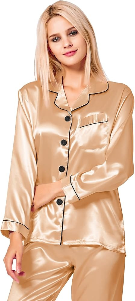SWOMOG Womens Silk Satin Pajamas Loungewear Two-piece Sleepwear Button-Down Pj Set | Amazon (US)
