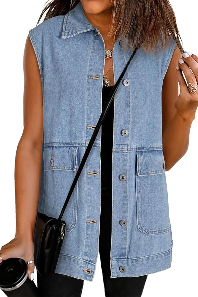 Dokotoo Womens Fashion 2025 Casual Denim Vest Oversized Mid Long Jean Vest Sleeveless Jean Jacket... | Amazon (US)