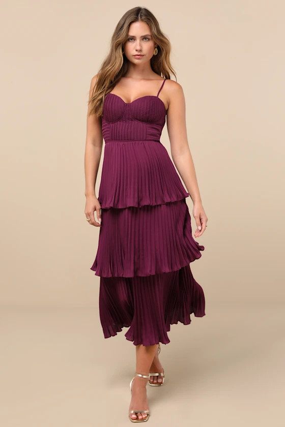 Cascading Crush Plum Purple Tiered Bustier Midi Dress | Lulus