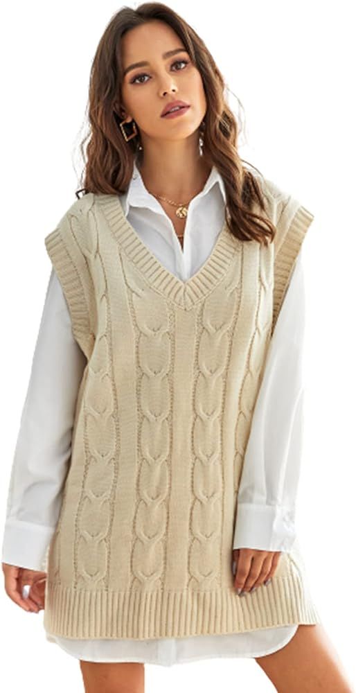 Romwe Women's Cable Knit Oversized Sweater Vest Sleeveless V Neck Pullover Tops | Amazon (US)