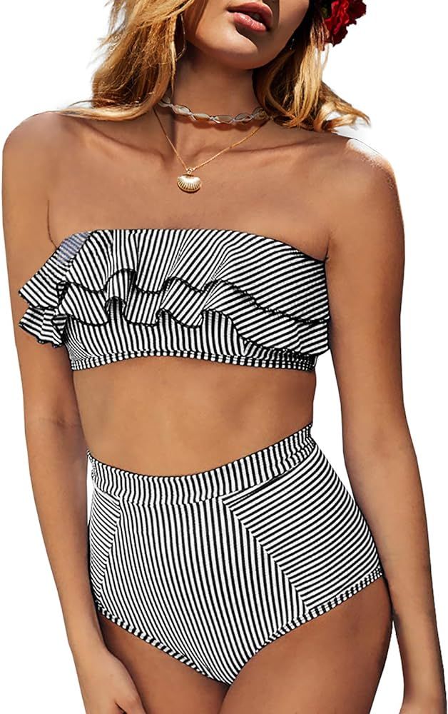 Saodimallsu Women High Waisted 2 Piece Bikini Set Bandeau Ruffle Swimsuit Top Striped Bathing Suits | Amazon (US)