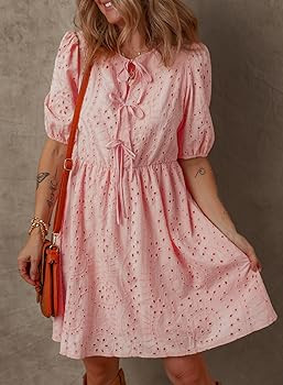 Dokotoo Summer Dresses for Women 2025 Tie Front V Neck Short Puff Sleeve Hollow Out Lace Wedding ... | Amazon (US)