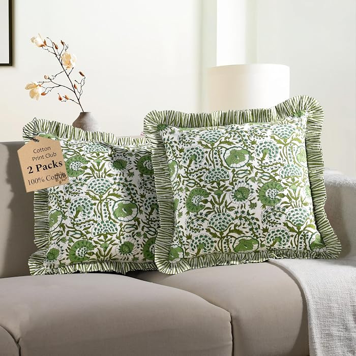 CPC Agate Green Ruffle Throw Pillow Covers for Couch, 20x20 Inch Cotton Stripe Ruffle Couch Pillo... | Amazon (US)