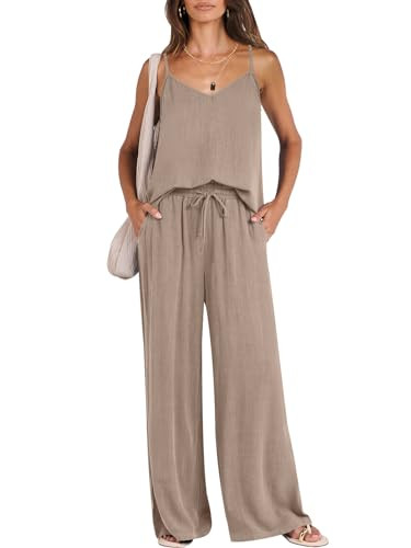 ANRABESS Women's 2 Piece Outfits Linen Sleeveless Tops Drawstring Wide Leg Pants Matching Lounge ... | Amazon (US)