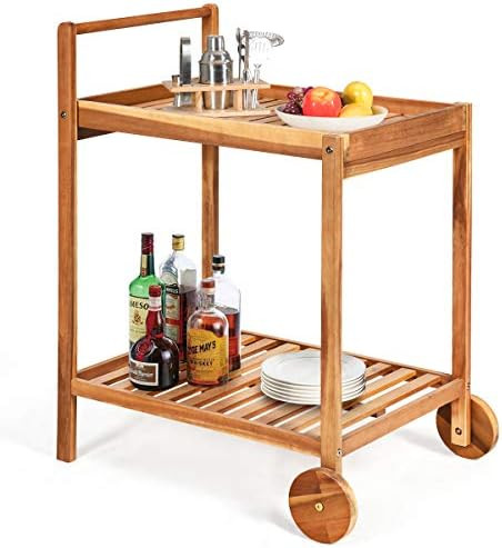 Tangkula Outdoor Acacia Wood Serving Cart, Patio Bar Cart Rolling Trolley Cart with 2 Trays, Port... | Amazon (US)