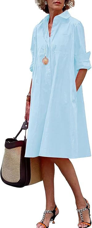 chouyatou Women's Spring Summer Button-Down Shirt Dress Loose A-Line Midi Shift Tunic Dress | Amazon (US)