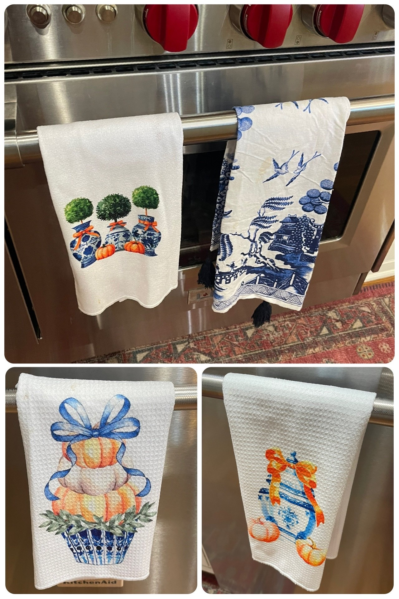 🍂✨ Add a touch of blue & white chinoiserie charm to your fall kitchen with these gorgeous pumpkin dish towels! I styled these blue chinoiserie fall towels on my oven for a festive yet classic look, mixing ginger jar pumpkins, topiaries, and bow details. They’re the perfect way to transition your kitchen into autumn while keeping that timeless grandmillennial & coastal-prep style. 💙🎃

🫶 These Amazon & Etsy chinoiserie pumpkin towels also make the cutest hostess gifts or seasonal kitchen decor—and they pair beautifully with a vintage Persian kitchen runner for extra warmth and charm.

💙 Shop the exact sets below to bring this classic fall chinoiserie look into your home!

⸻


	•	chinoiserie fall kitchen towels
	•	blue & white pumpkin dish towels
	•	grandmillennial fall decor
	•	chinoiserie kitchen decor ideas
	•	Amazon chinoiserie towels
	•	ginger jar pumpkins
	•	fall kitchen styling ideas
	•	hostess gift fall kitchen


#LTKFindsUnder50 #LTKHome #LTKFindsUnder100