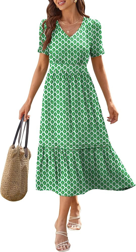 ANRABESS Women 2025 Summer Boho Maxi Dresses Floral Short Sleeve V Neck Elastic Waist Tiered Flow... | Amazon (US)