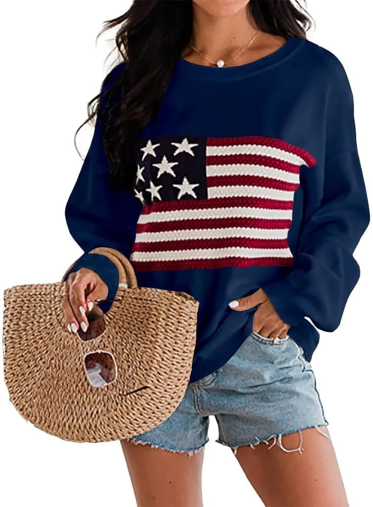 Dressmine Womens American Flag Sweater Knit Long Sleeve Crew Neck Graphic Elegant Soft Loose Pull... | Amazon (US)