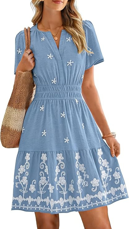 Simplee Womens Summer Mini Dress V Neck Short Sleeve Embroidery Wedding Guest Dress A Line Boho D... | Amazon (US)