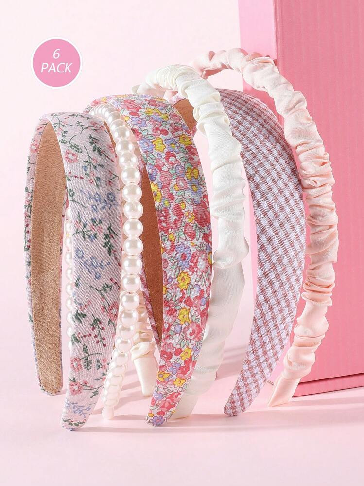 6pcs Girls' Bohemian Printed Grid Headbands, Vintage Faux Pearl Headpieces Hair Accessories Set F... | SHEIN