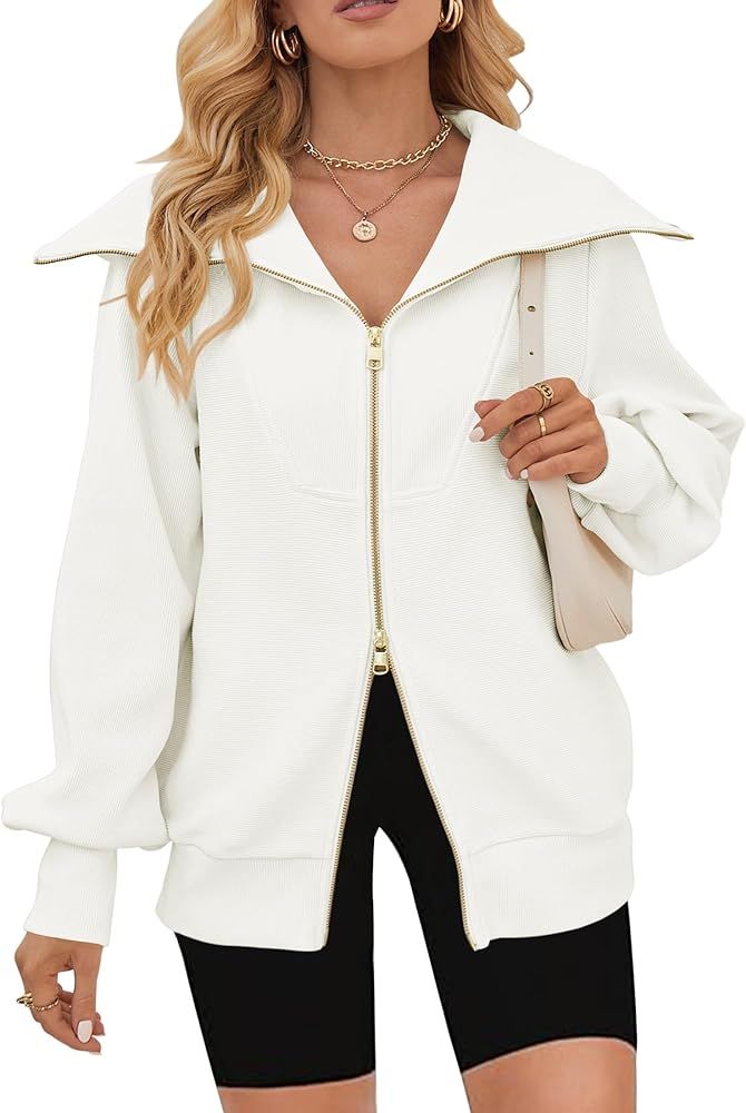 MEROKEETY Women's 2023 Long Sleeve Zip Up Sweatshirt Lapel Ribbed Y2K Trendy Jacket with Pockets | Amazon (US)