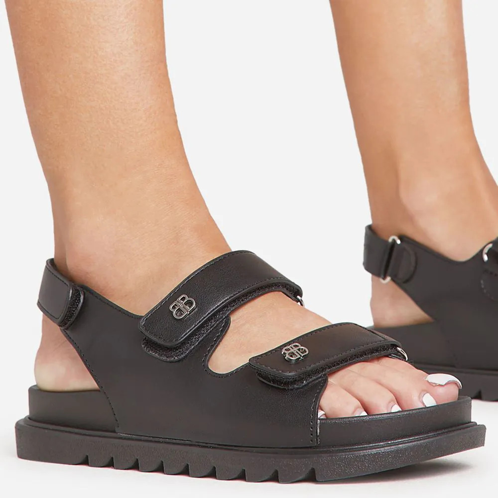 Maria Double Velcro Strap Flat Dad Sandal In Black Faux Leather | EGO (UK)
