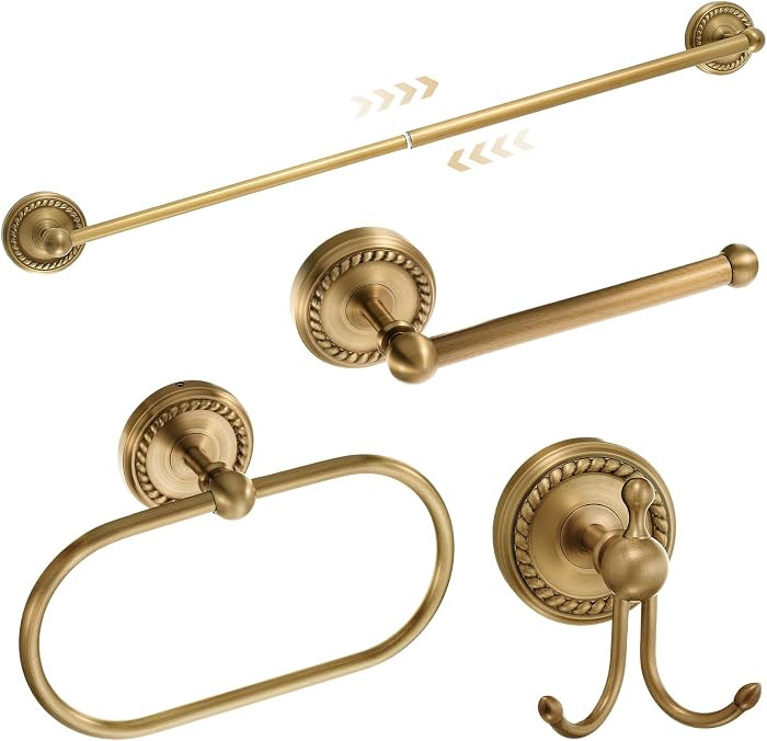4 Pcs Antique Brass Gold Bathroom Accessories Set Wall-Mounted Towel Rack & Towel Ring & Toilet Paper Holder & Robe Hook, Wall Mounted Brass Vintage Bath Hardware Fixture Set(Style 1) | Amazon (US)