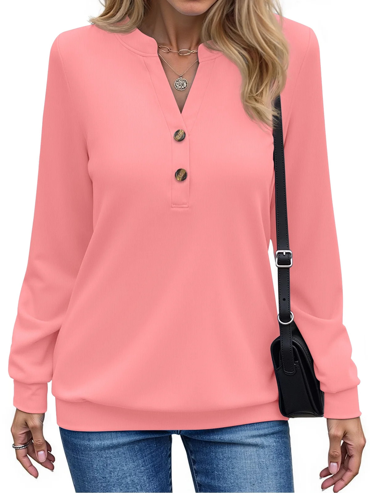 Fantaslook V Neck Sweatshirts for Women Casual Long Sleeve Shirts Button Pullover Tops Fashion Fa... | Walmart (US)