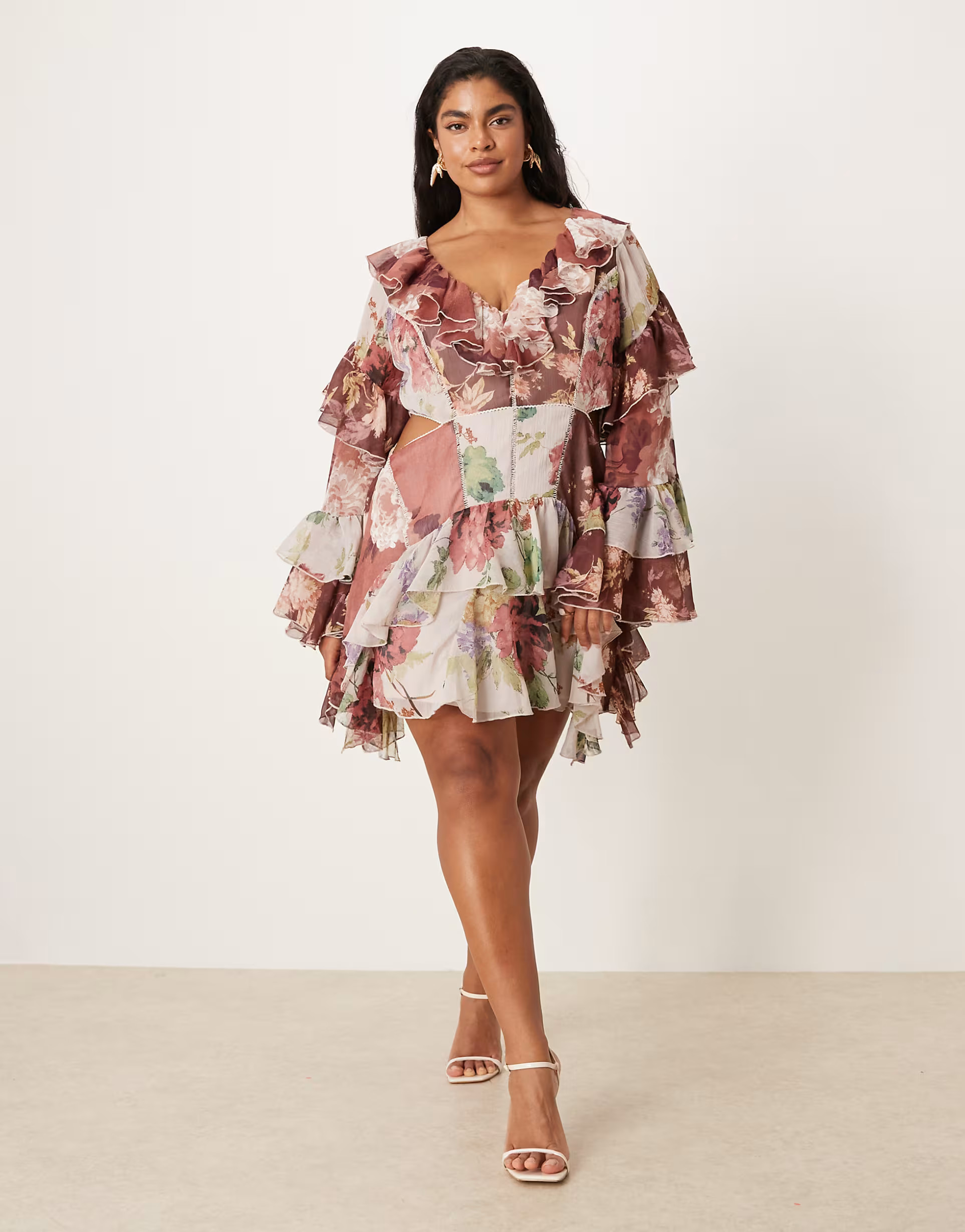 ASOS DESIGN Curve ruffle godet flare sleeve cutout mini dress in mixed floral print | ASOS (Global)