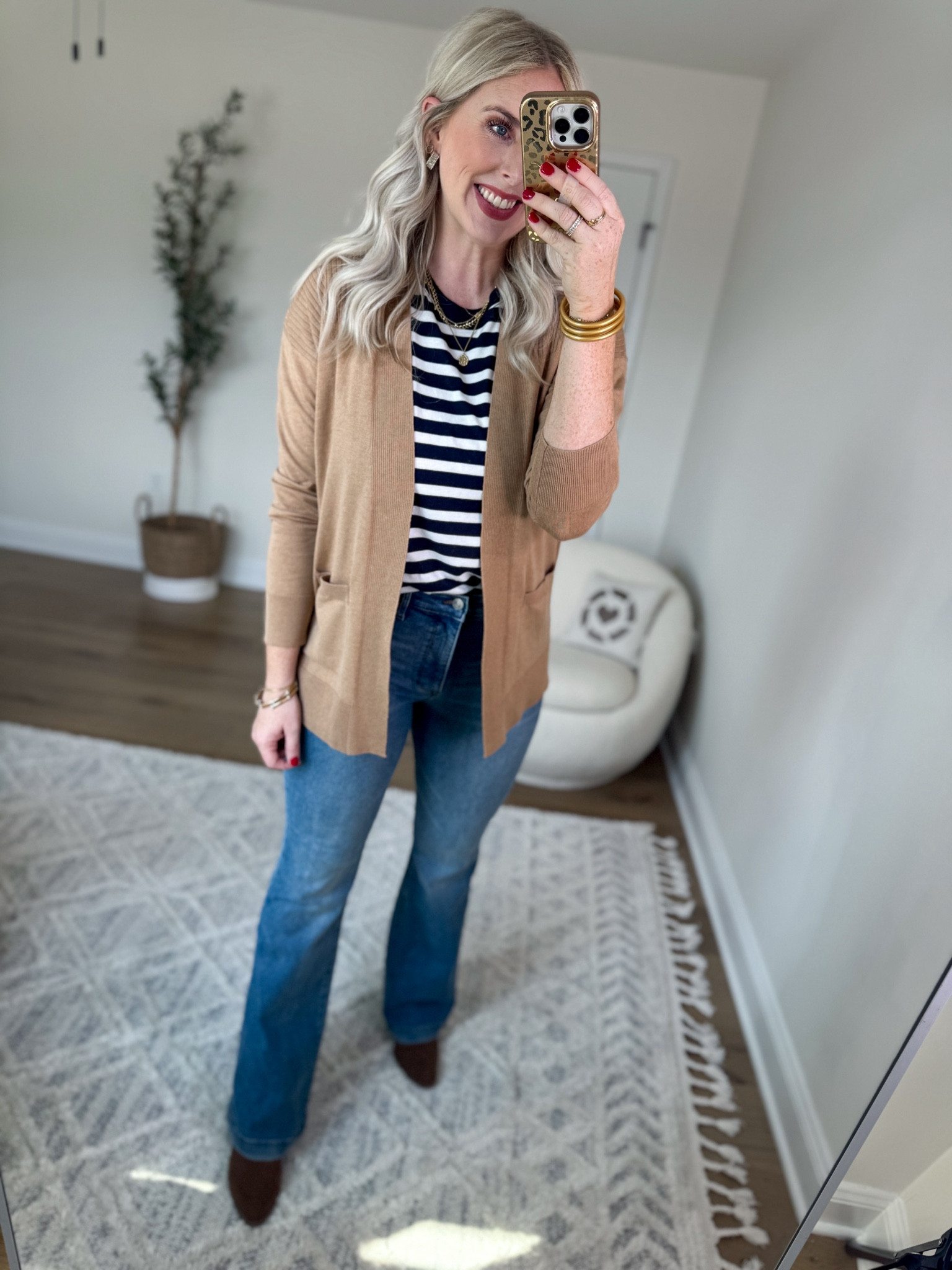 Daily try on, Walmart outfit, Walmart fashion, Walmart try on, time and tru, striped tee, tan cardigan, flare jeans 

#LTKFindsUnder50 #LTKSeasonal #LTKStyleTip
