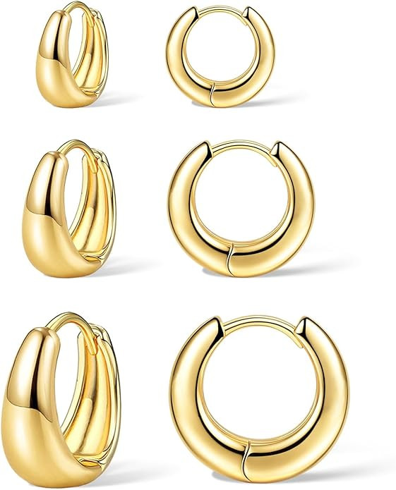 3Pairs Gold Hoop Earrings Set for Women Trendy Chunky Huggie Dainty Earring Jewelry for Women Tee... | Amazon (US)