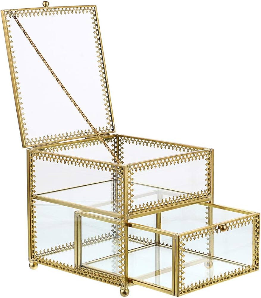 Hipiwe Vintage Glass Jewelry Trinket Box - Geometric Golden Vanity Organizer holder with Drawer, ... | Amazon (US)