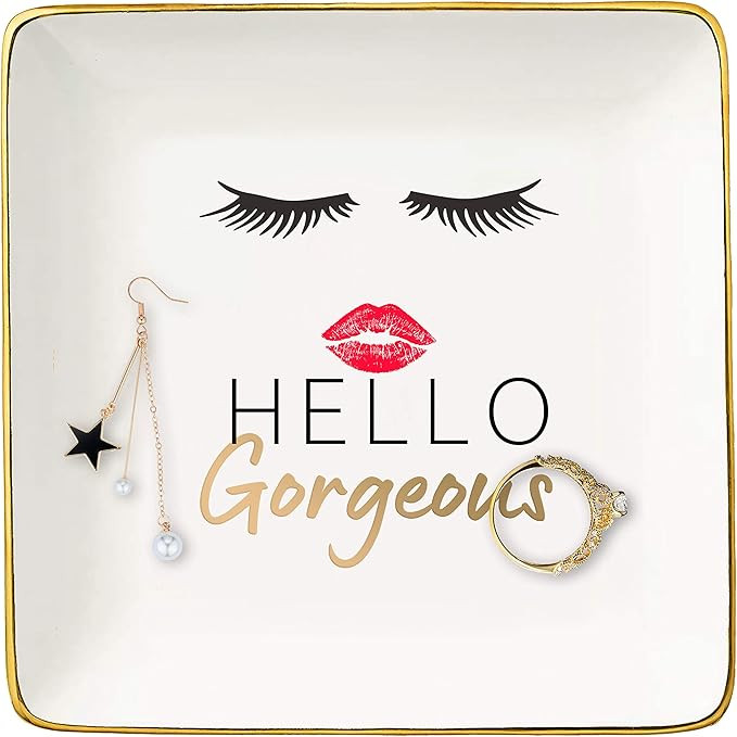 Hello Gorgeous with Eyelashes – Ceramic Jewelry Holder Ring Dish Trinket Box Tray - Inspiration... | Amazon (US)