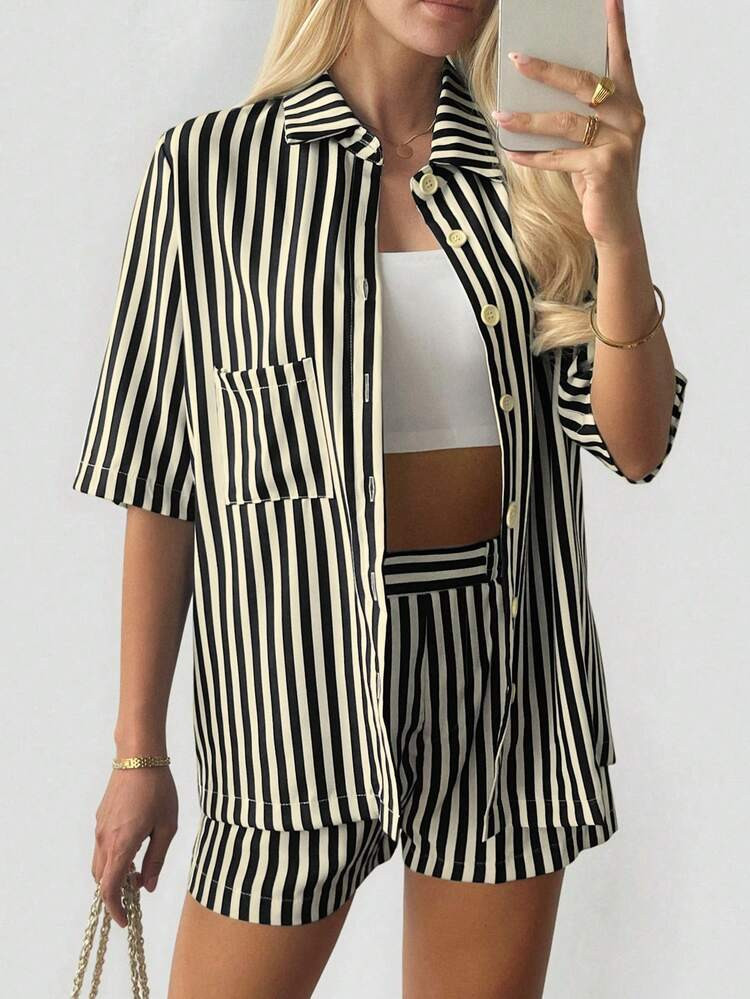 Striped Contrast Color Casual Longer Sleeve Shirt & Shorts 2-Piece Set | SHEIN