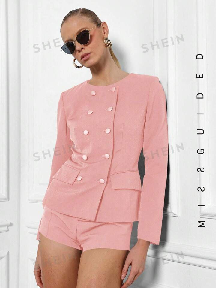 MISSGUIDED Double Breasted Fitted Collarless Jacket | SHEIN