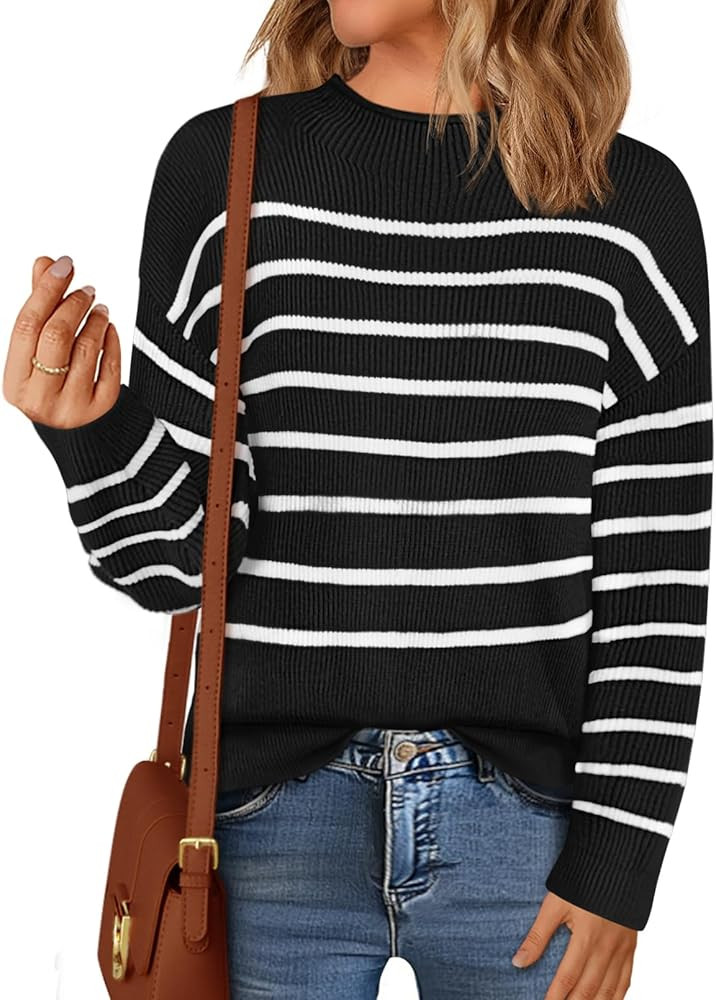 MEROKEETY Women's Fall Long Sleeve Striped Pullover Sweaters 2024 Trendy Turtleneck Casual Knit T... | Amazon (US)