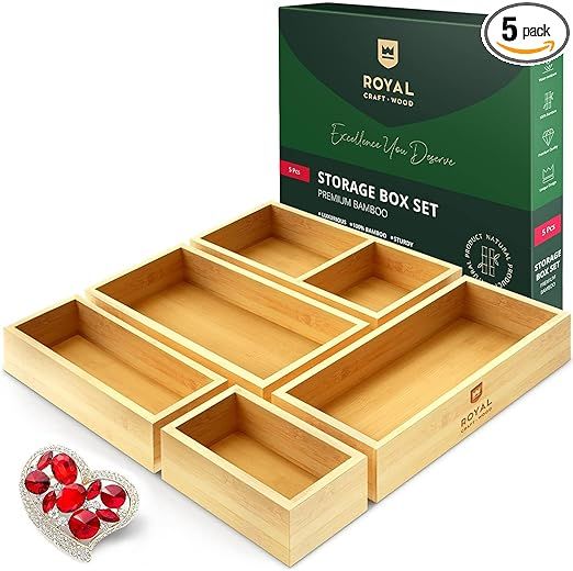 ROYAL CRAFT WOOD Luxury Bamboo Drawer Organizer Storage Box, Bin Set - Multi-Use Drawer Organizer... | Amazon (US)