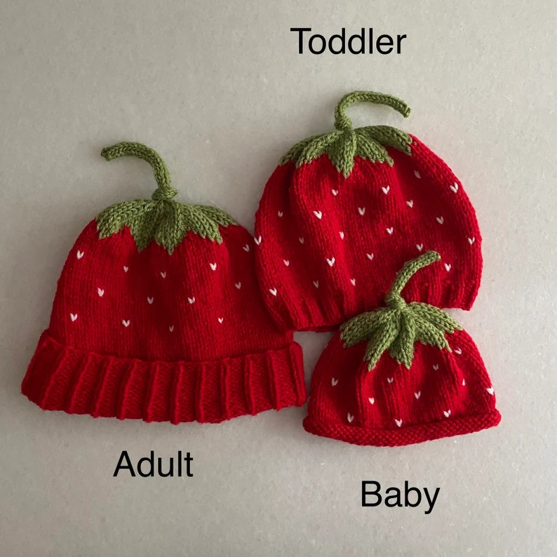 Fruit hats for Mommy and Me! Strawberry hats in several sizes; adult, kid/tween, toddler, baby, n... | Etsy (US)