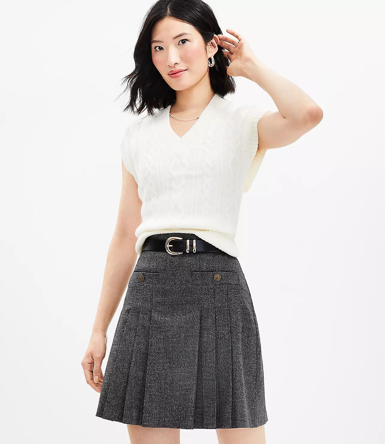 Houndstooth Brushed Flannel Pleated Pocket Skirt | LOFT