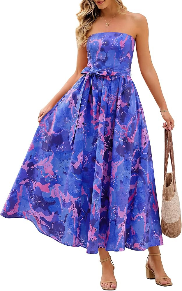 MEROKEETY Women's Summer Floral Maxi Dresses 2026 Strapless Tube Smocked Tie Boho Beach Wedding G... | Amazon (US)