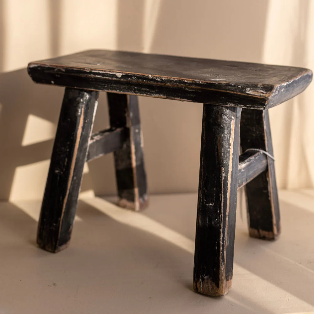 Reclaimed Elm Wood Small Black Stool | Luxe B Co