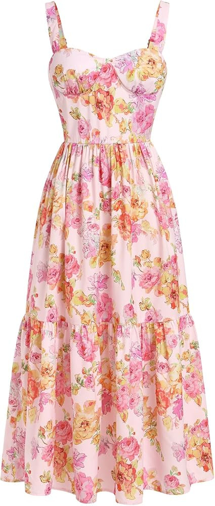 Women Floral Corset Dress Cottagecore Tiered Dress Sleeveless Bustier Dress Summer Flowy Spaghett... | Amazon (US)