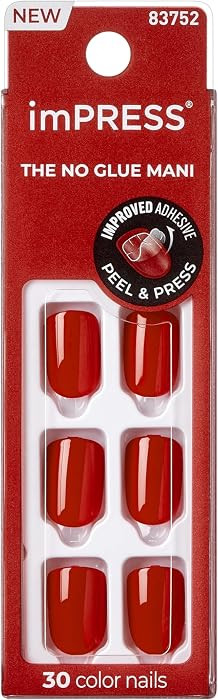 Kiss Impress No Glue Mani Press On Nails Kit, Reddy or Not, 30 Red Peel and Stick Nails, Super Sl... | Amazon (US)