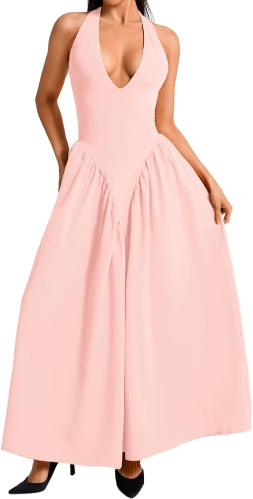 Deep V Neck Dress, Halter Maxi Dresses, Vacation Date Night, Sexy for Women Corset Flowy Wedding ... | Amazon (US)